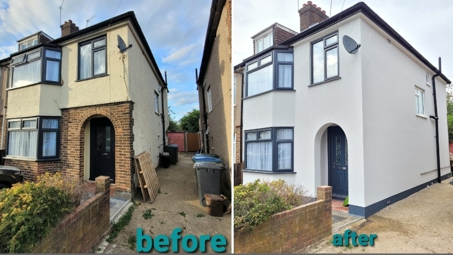 Outside redering, before and after transformation on a semi detached home